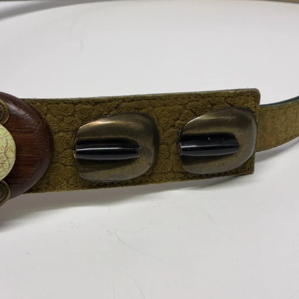 Vintage 90s Moss Green Leather Waist Belt Sculptural Faux Stone Ring Closure